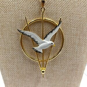 Vintage Seagull Pendant Necklace, Enamel Bird Gold Tone Circle, 24" Rope Chain